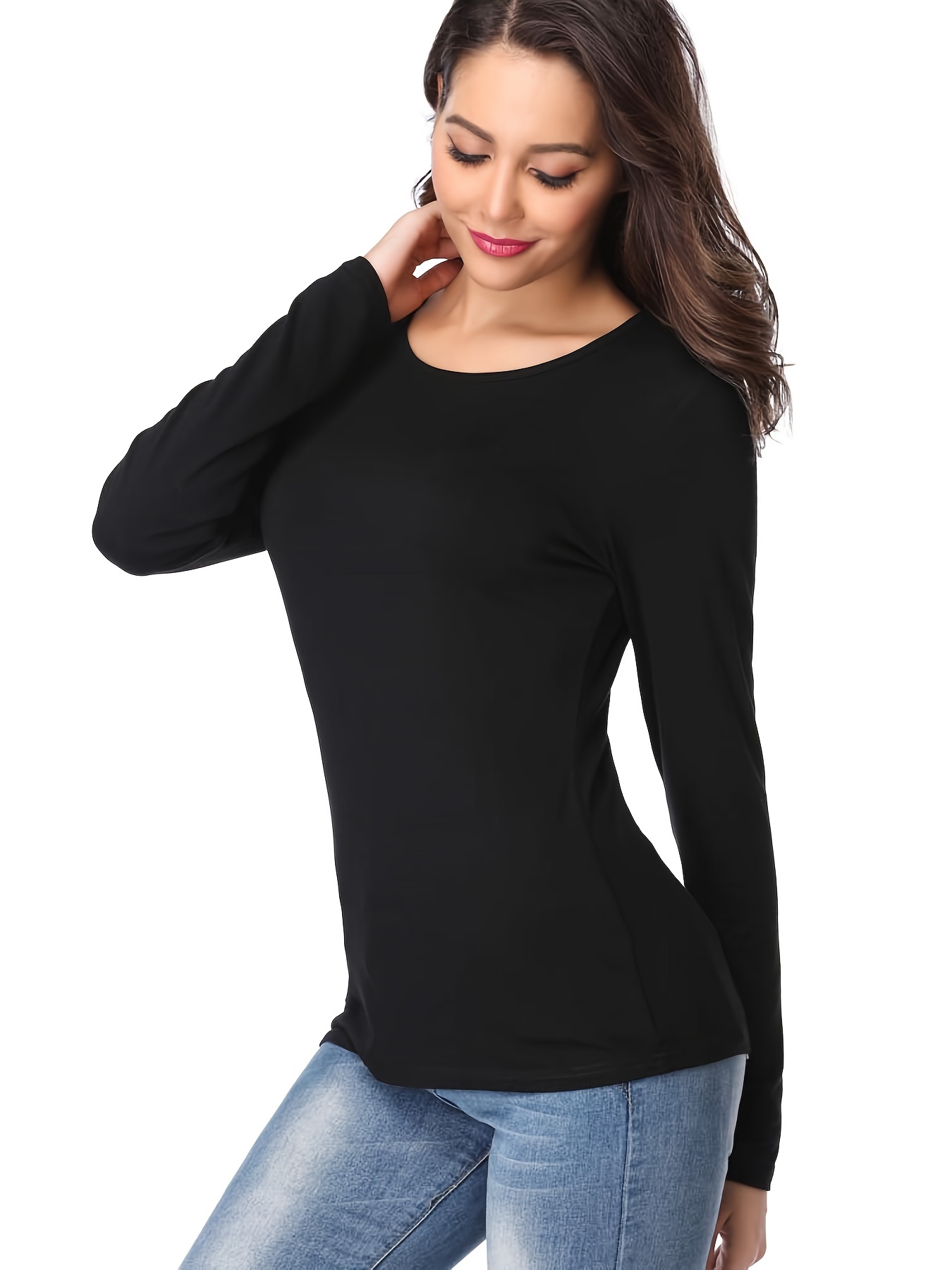 Solid Crew Neck T-shirt, Casual Long Sleeve Lim Top For Spring & Fall, Women's Clothing