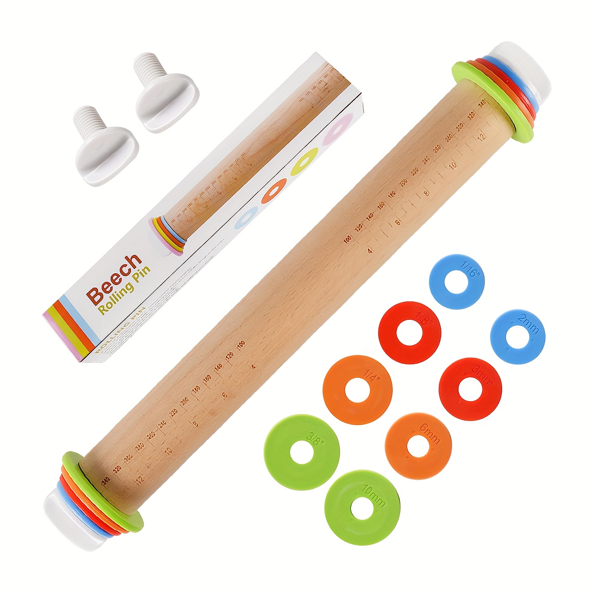

Set, Wood Rolling Pin With 4 Adjustable Thickness Rings, Non-stick Dough Roller For Baking, 17 Inch Pizza Roller For Kitchen Supplies, Handle Press Design For Fondant, Pizza, Pie Crust, Cookie, Pastry
