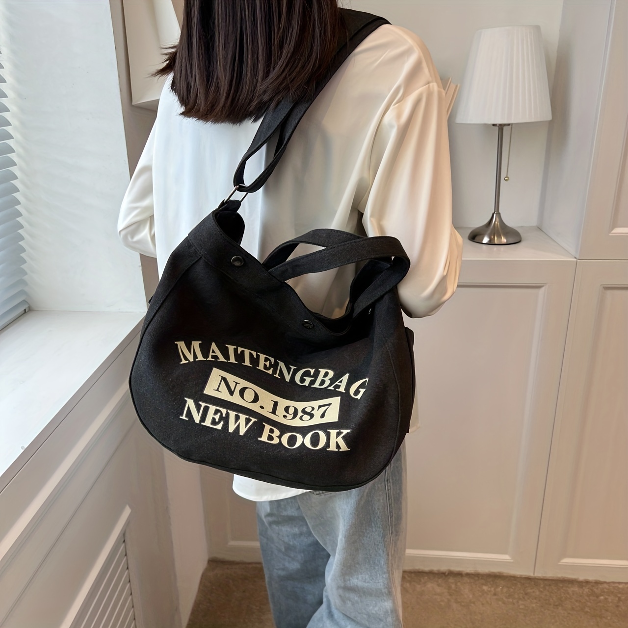 Retro Y2K Canvas Shoulder Bag, Large Capacity Hobo Crossbody Shoulder Bag,  Aesthetic Handbag Fairy Grunge Tote Bag (White)