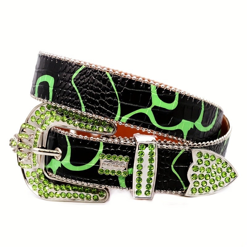 Green Crown Rhinestone Men's Belt Punk Style