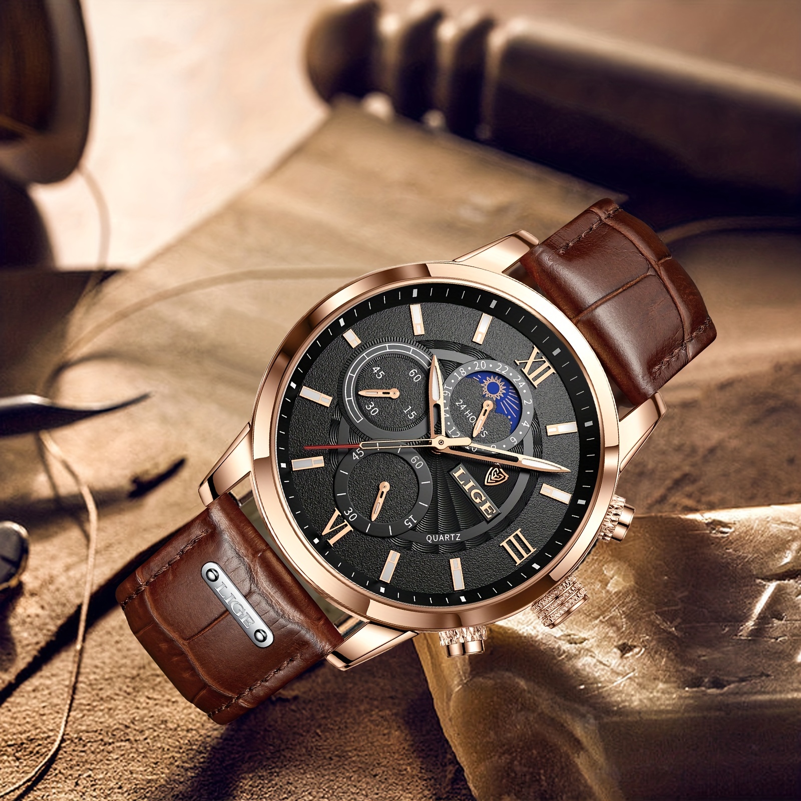 LIGE Men Watches Leather Waterproof Luminous Quartz Wristwatch