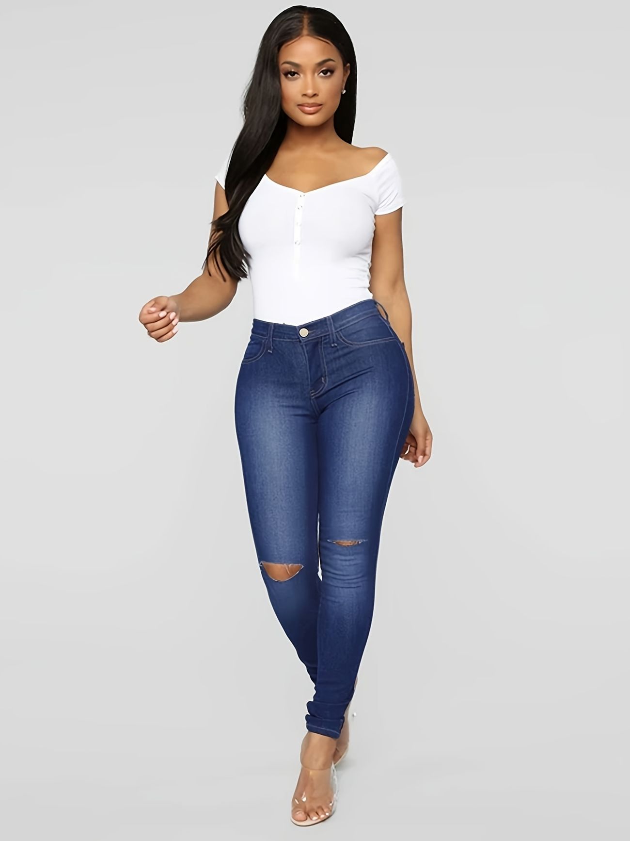 High Waist Solid Denim Jeans, Stretchy Length Women's Clothing Skinny Jeans - Temu