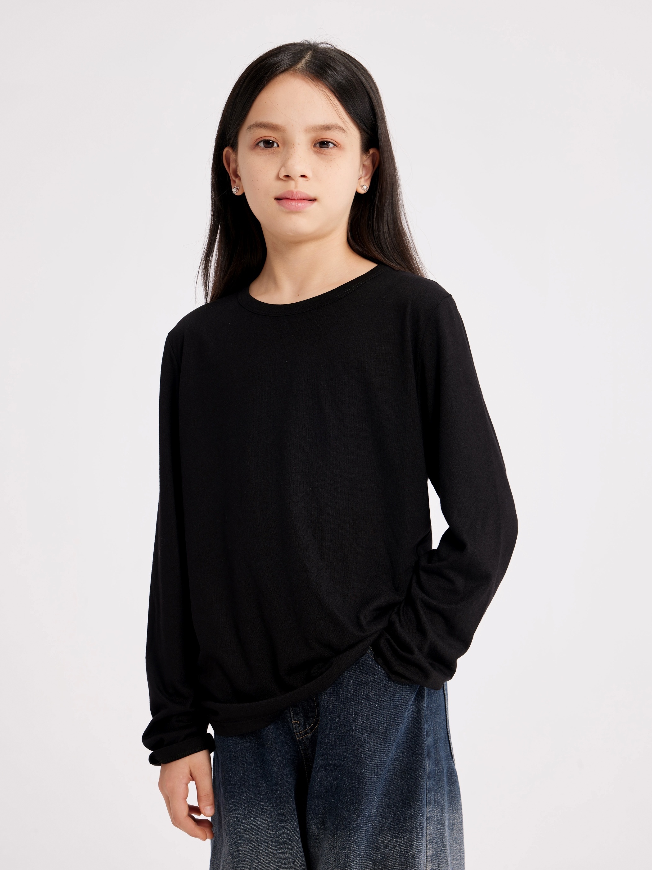 Girl's Solid Drawstring Crew Neck Long Sleeve T shirt - Temu