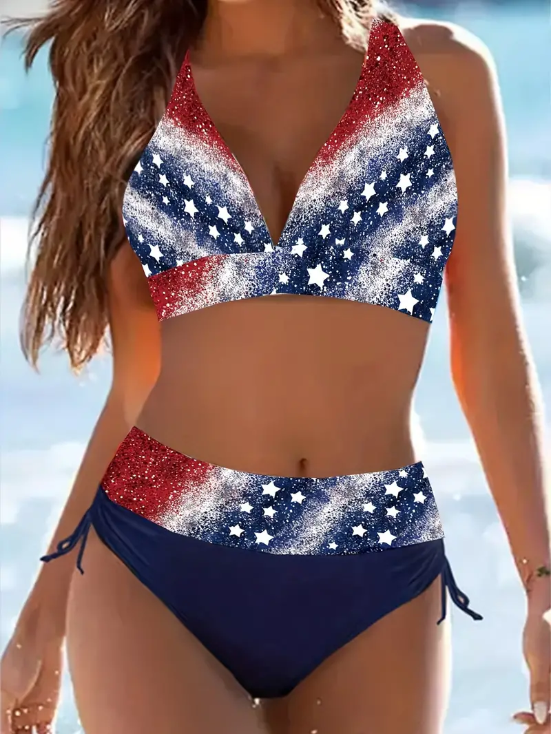 American Flag Print Strip Star Pattern Glitter Bikini - Temu