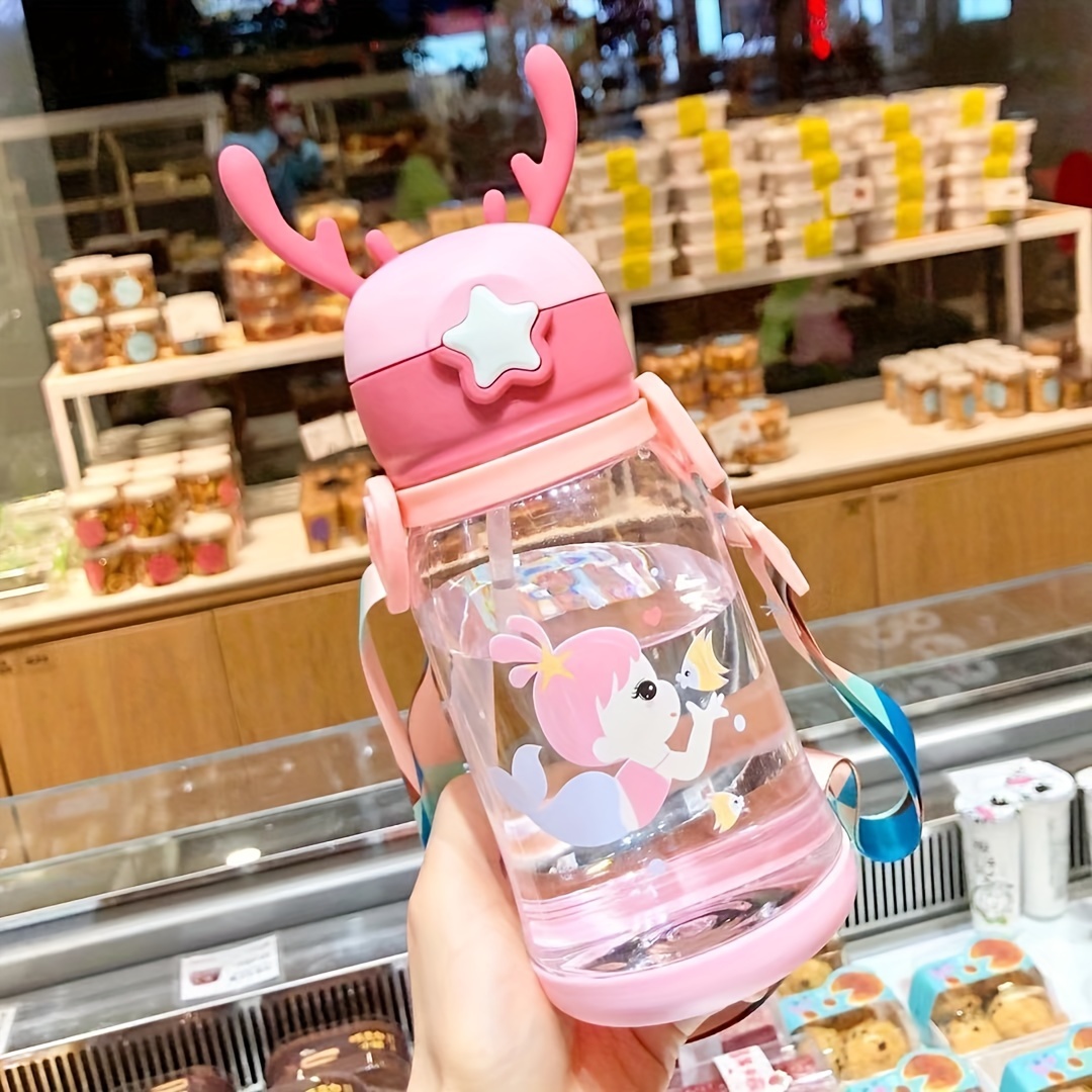 

1pc 600ml Cartoon Water Bottle With Straw, Cute Cartoon Animal Water Bottle, For Outdoor Travel School