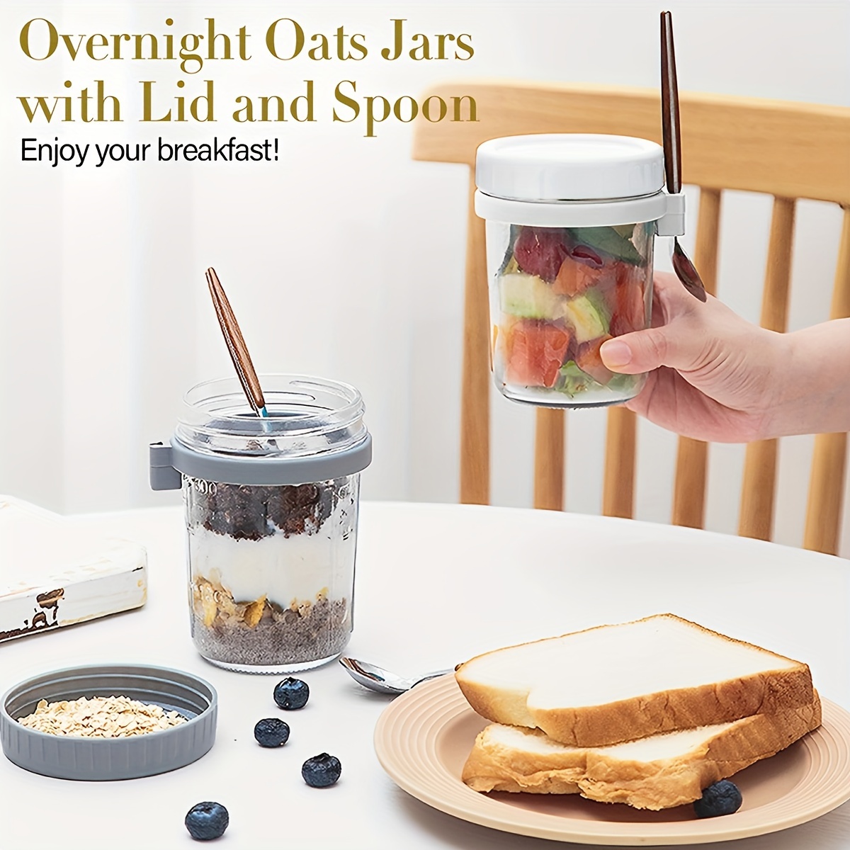2pcs Overnight Oats Container with Lid and Stainless Steel Spoon 20oz Overnight Oats Jars Leakproof Overnight Oat Glass Cups Reusable Portable Oatmeal