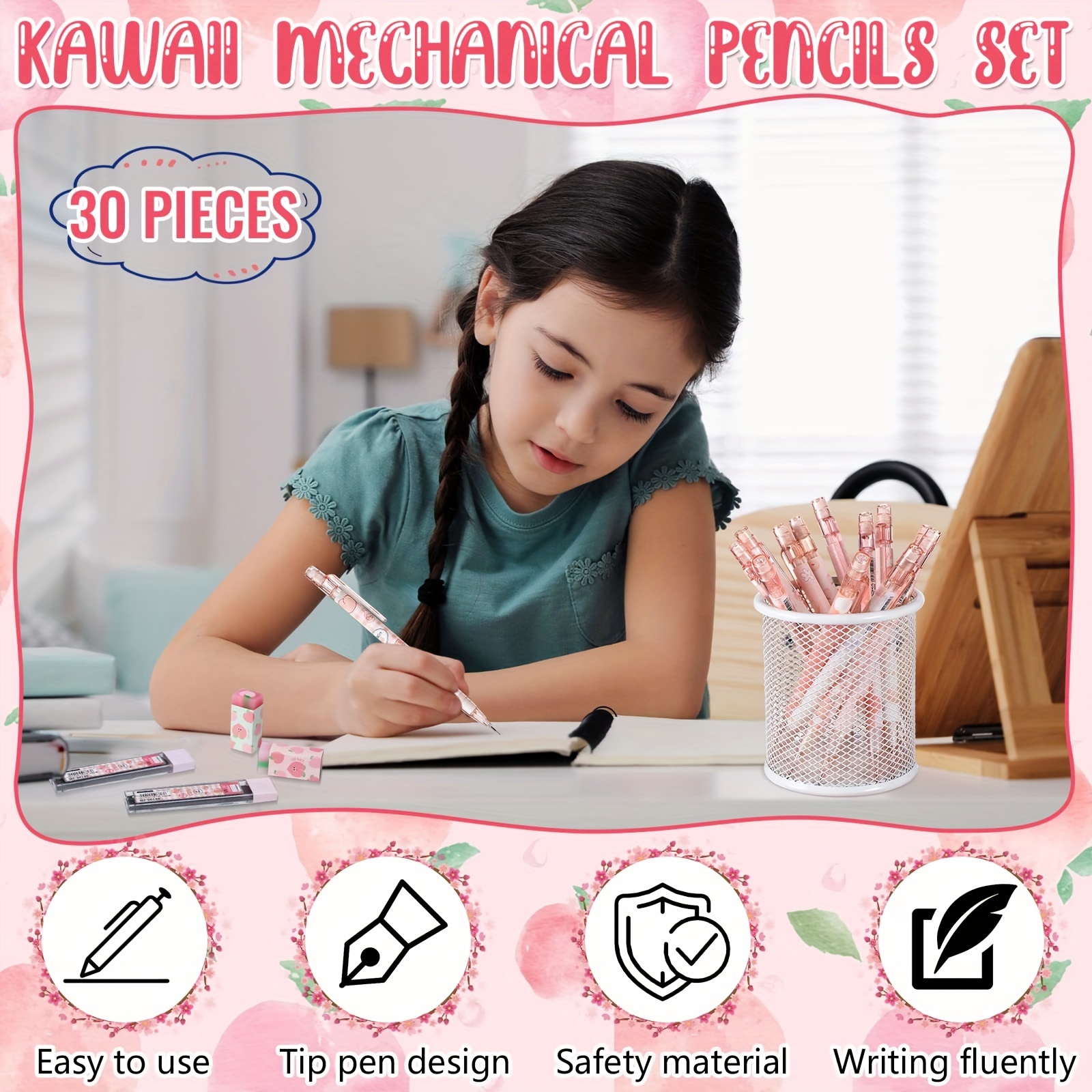 15pcs Kawaii Mechanical Pencil Set Include Peach Mechanical Pencils With  Tubes 0.5 Mm Pencil Refills And Cute Juice Peach Erasers School Supplies For