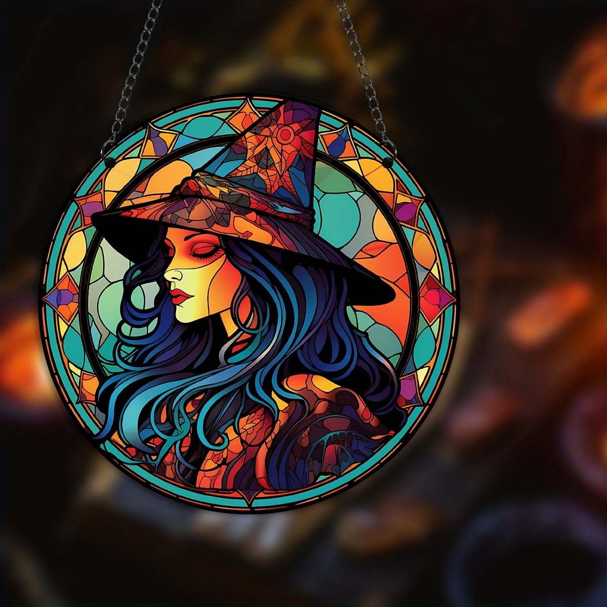 Girl Wearing A Hat Halloween Suncatcher Wreath Sign,stained Glass