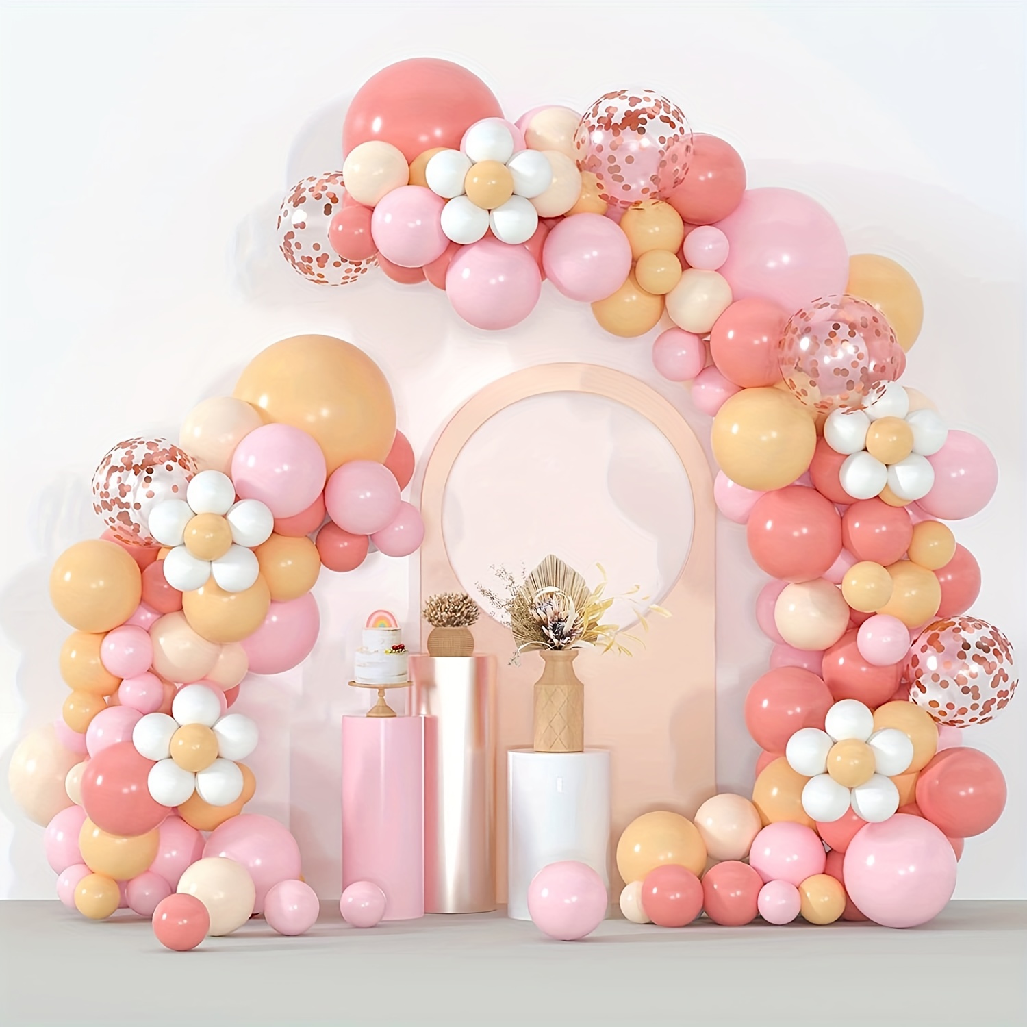Fondo de decoración de cumpleaños de oro rosa y guirnalda de globos de 4  tamaños, juego de fiesta de oro rosa, pancarta de cumpleaños, cortinas de