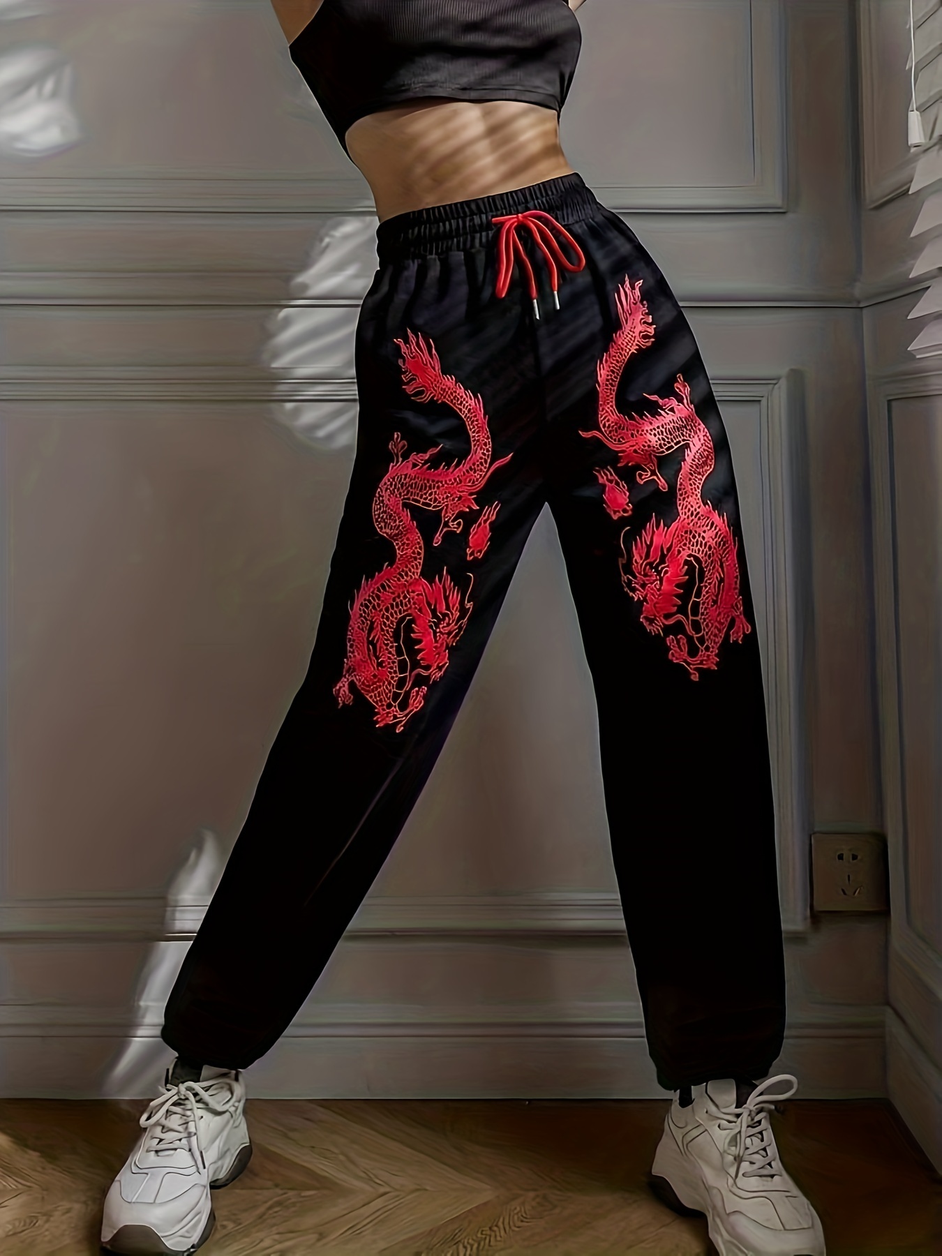 Dragon Print Drawstring Waist Sweatpants Casual Pants Spring - Temu Canada