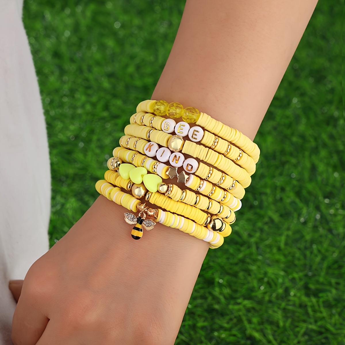 

8 Pcs Of Yellow Soft Pottery Bee Series Handmade Beaded Bracelet Set Unique Female Gift