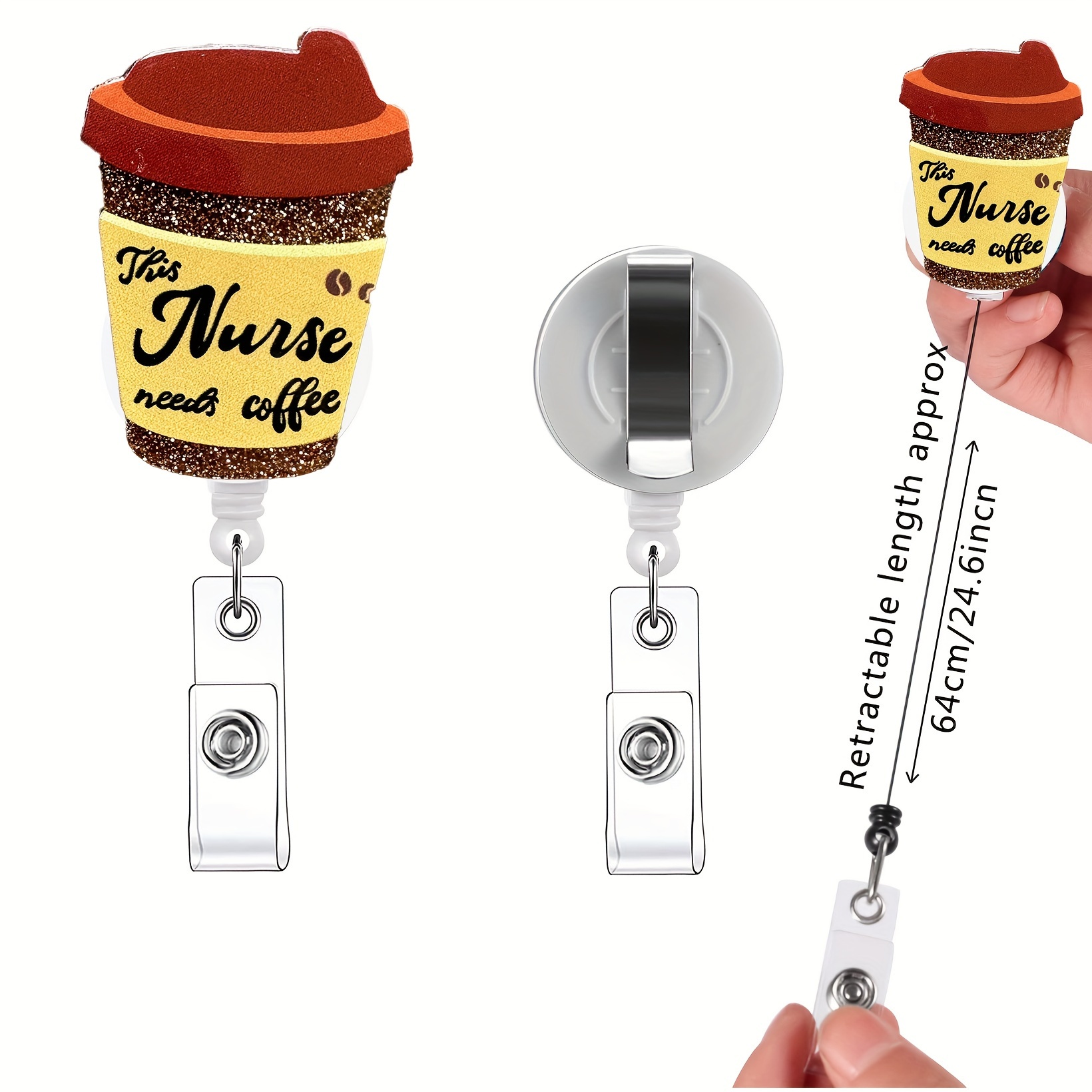 1pc Funny Coffee Cup Retractable Badge Reel,Name Badge Holder With ID Clip  For Nurse Doctor Student Employee Volunteer