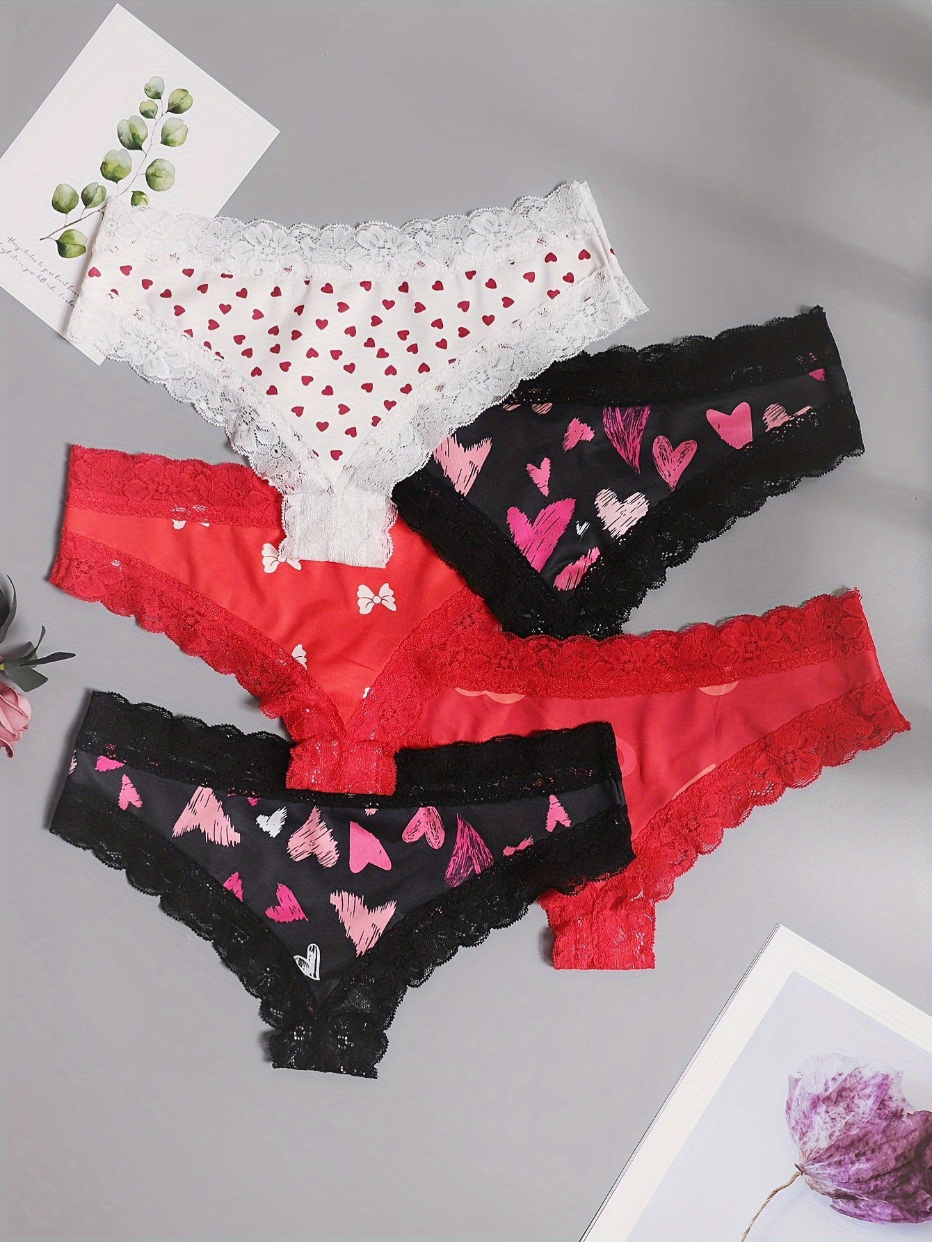 5 Pack Plus Size Cute Underwear Set, Women's Plus Contrast Lace Heart & Bow  Print Medium Stretch Panties Five Piece Set