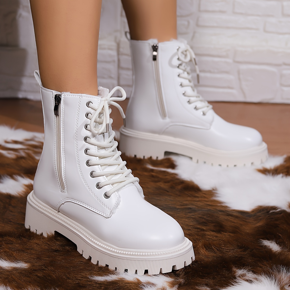 Women's Platform Ankle Boots Round Toe Lace Side Zipper - Temu Canada