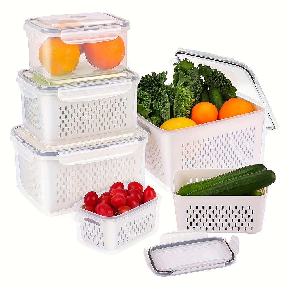 3pcs Refrigerator Fresh Storage Containers Double-layer Organizer with  Filterable Basket Airtight Lid , Storage Box for Vegetable Fruit