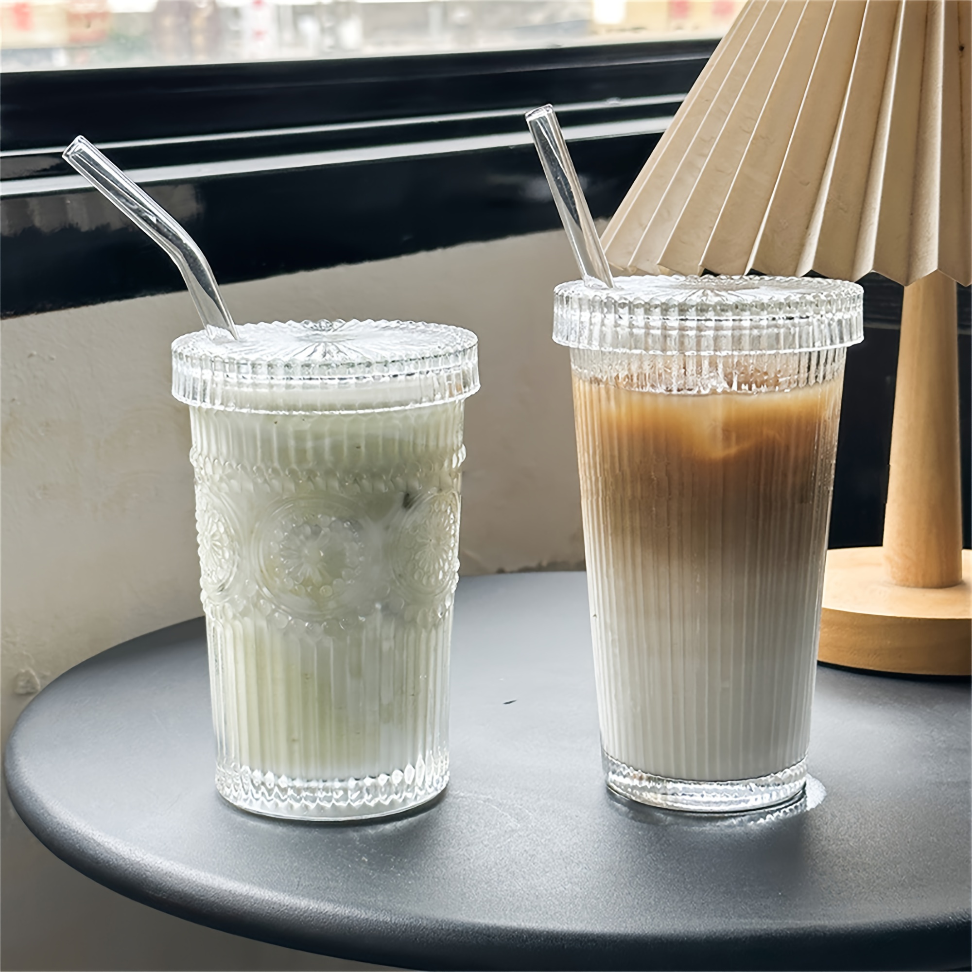Boho Style Glass Cup With Lid And Straw Sunflower Pattern - Temu