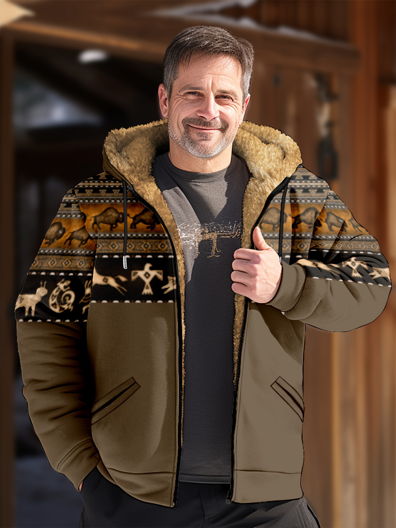 Men's Printed Warm Fleece Ethnic Style Hooded Coat For Fall Winter