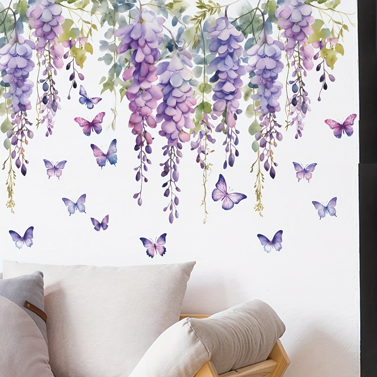 

2pcs Plant Wall Stickers, Purple Vine Flower Butterfly, Removable Waterproof Vinyl Stickers, Stickers For Living Room Office Vanity Background Wall Decor, Home Decor, 11.8*35.4in*2pcs