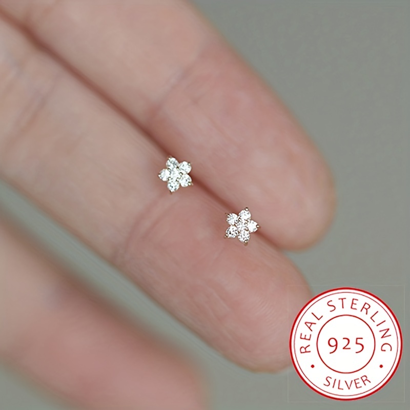 

Tiny Exquisite Sakura Shaped Stud Earrings With Zircon Inlaid Elegant Simple Style 925 Silver Hypoallergenic Jewelry Delicate Dating Gifts