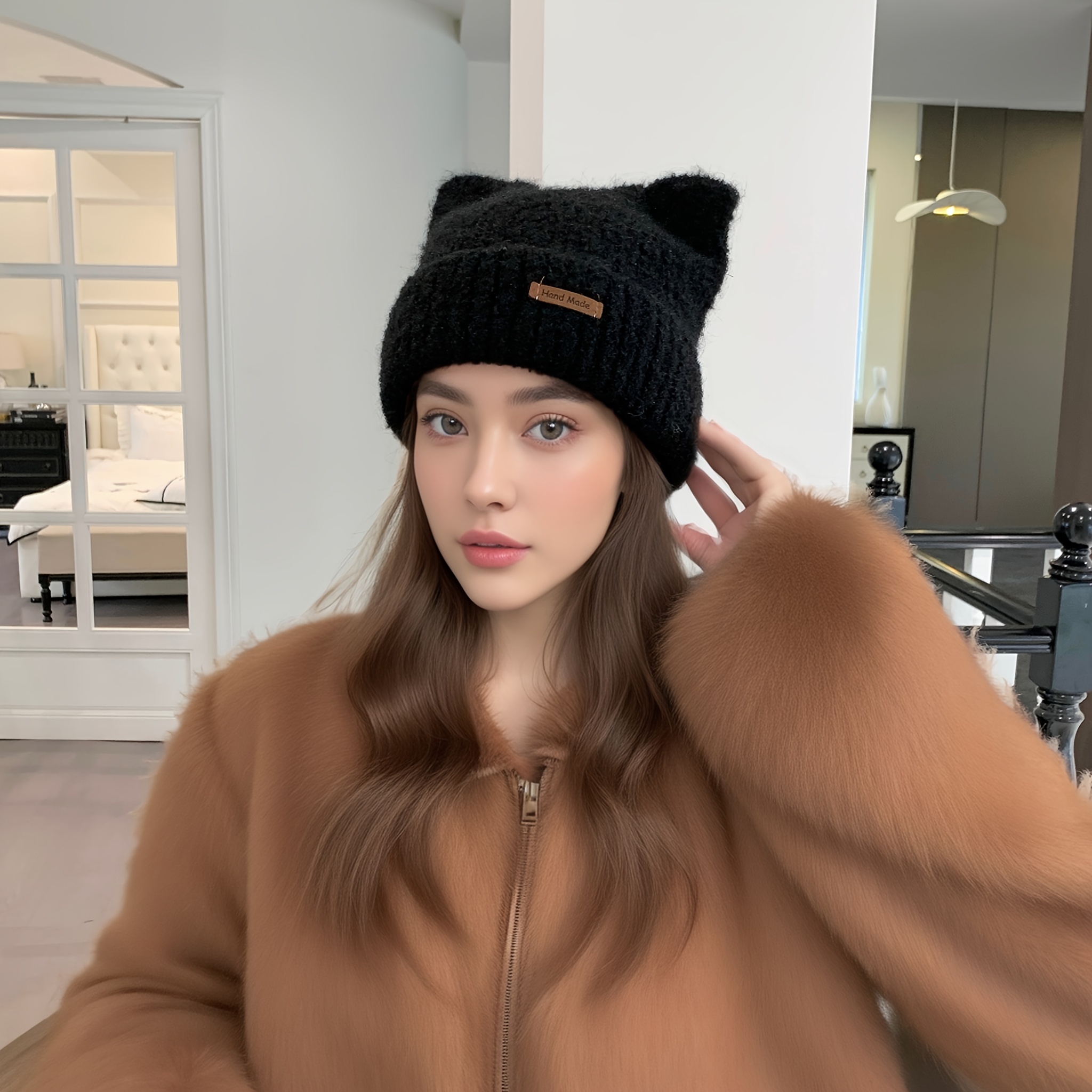 Designer Candy Colored Knitted Cat Beanie Bonnet For Women Warm