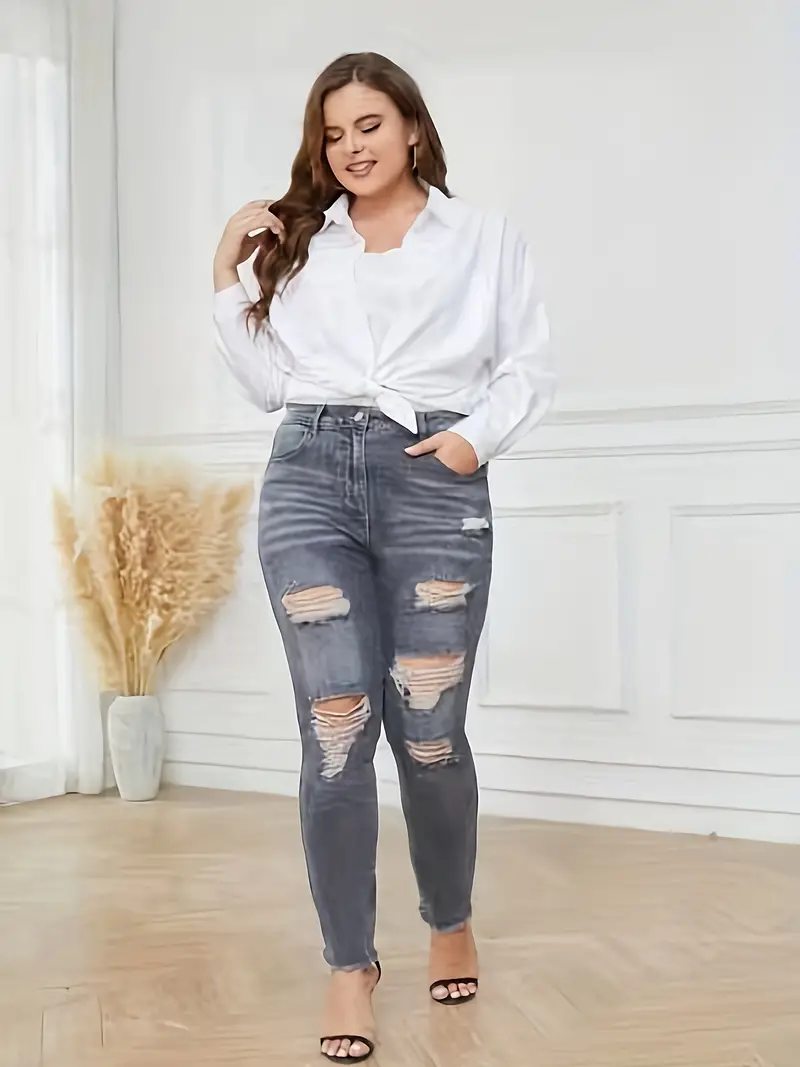 plus size retro jeans womens plus ripped low waisted raw hem high stretch washed denim pants details 2