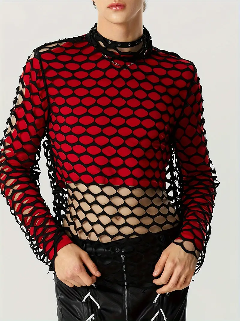 Men's Fishnet Sheer Shirt Tops Long Sleeve Round Neck Tee - Temu