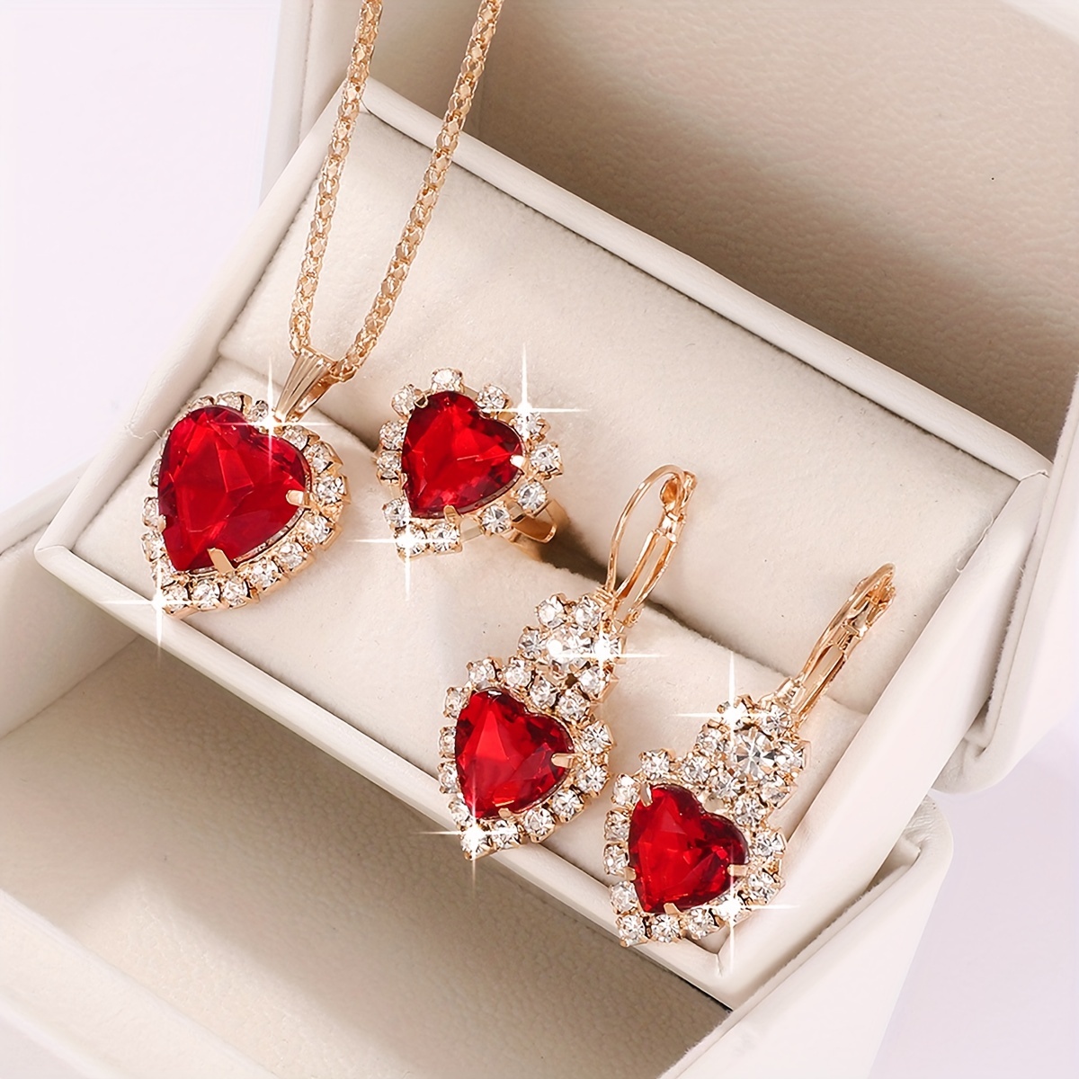 

Luxury 4pcs Women's Fashion Jewelry Set, Heart-shaped Red Gemstone With Crystal Accents, Necklace, Earrings, Ring, Elegant Gift Box Included