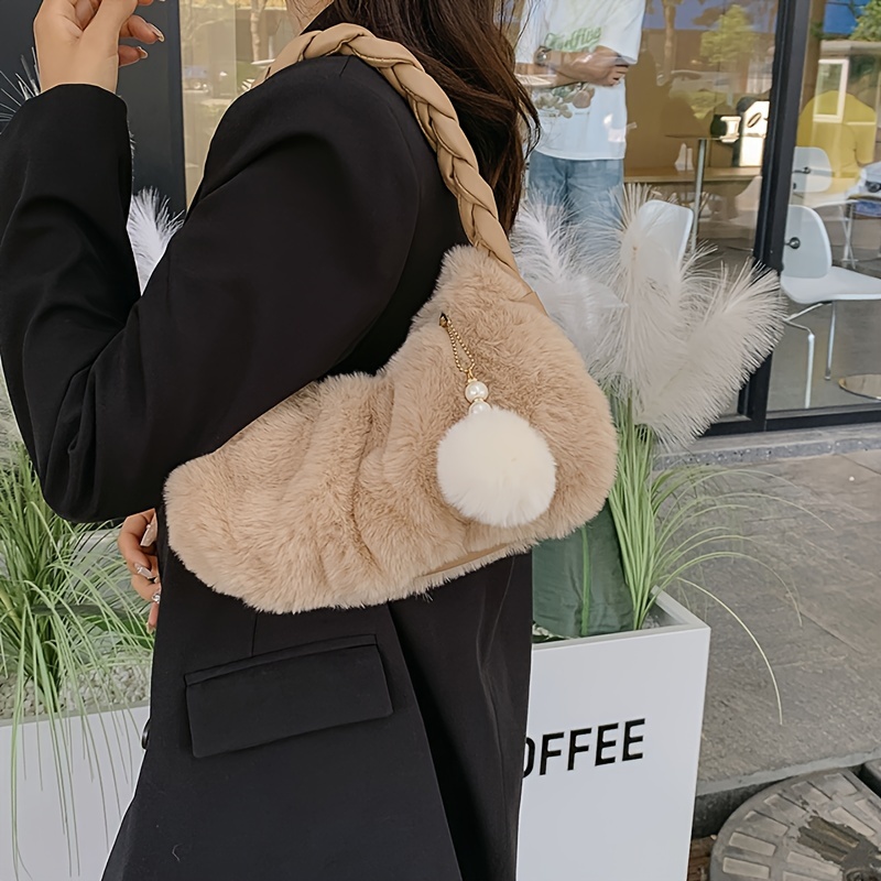 Plush Ball Decorated Sweet Handbag, Fluffy Crossbody Bag For Women, Y2k  Removable Shoulder Strap Zipper Purse - Temu United Arab Emirates