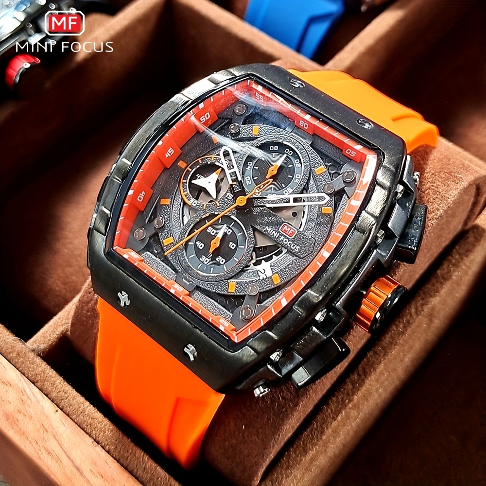 

Mini Focus Chronograph Quartz Watch For Men Tonneau Dial Military Sport Wristwatch With Orange Silicone Strap Auto Date 0399 For King's Day