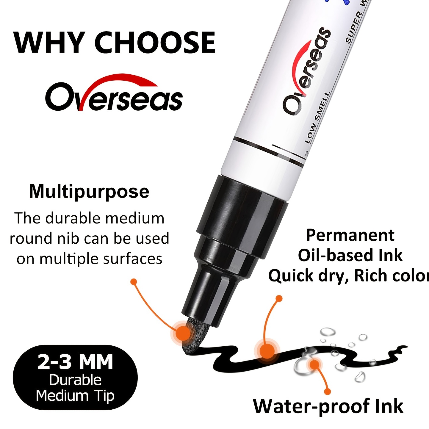 Overseas Permanent Paint Pens White Markers - 2 Pack Single Color Oil Based Paint Markers, Medium Tip, Quick Drying and Waterproof Marker Pen for