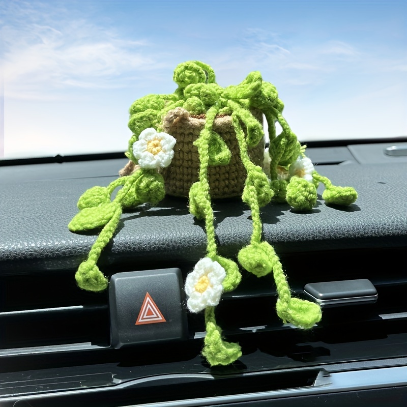 Hand-woven Flower Basket Pendant Imitation Plant Car Pendant Pure Hand-crocheted Wool Rearview Mirror Pendant Ornament Gift Car Interior Accessories