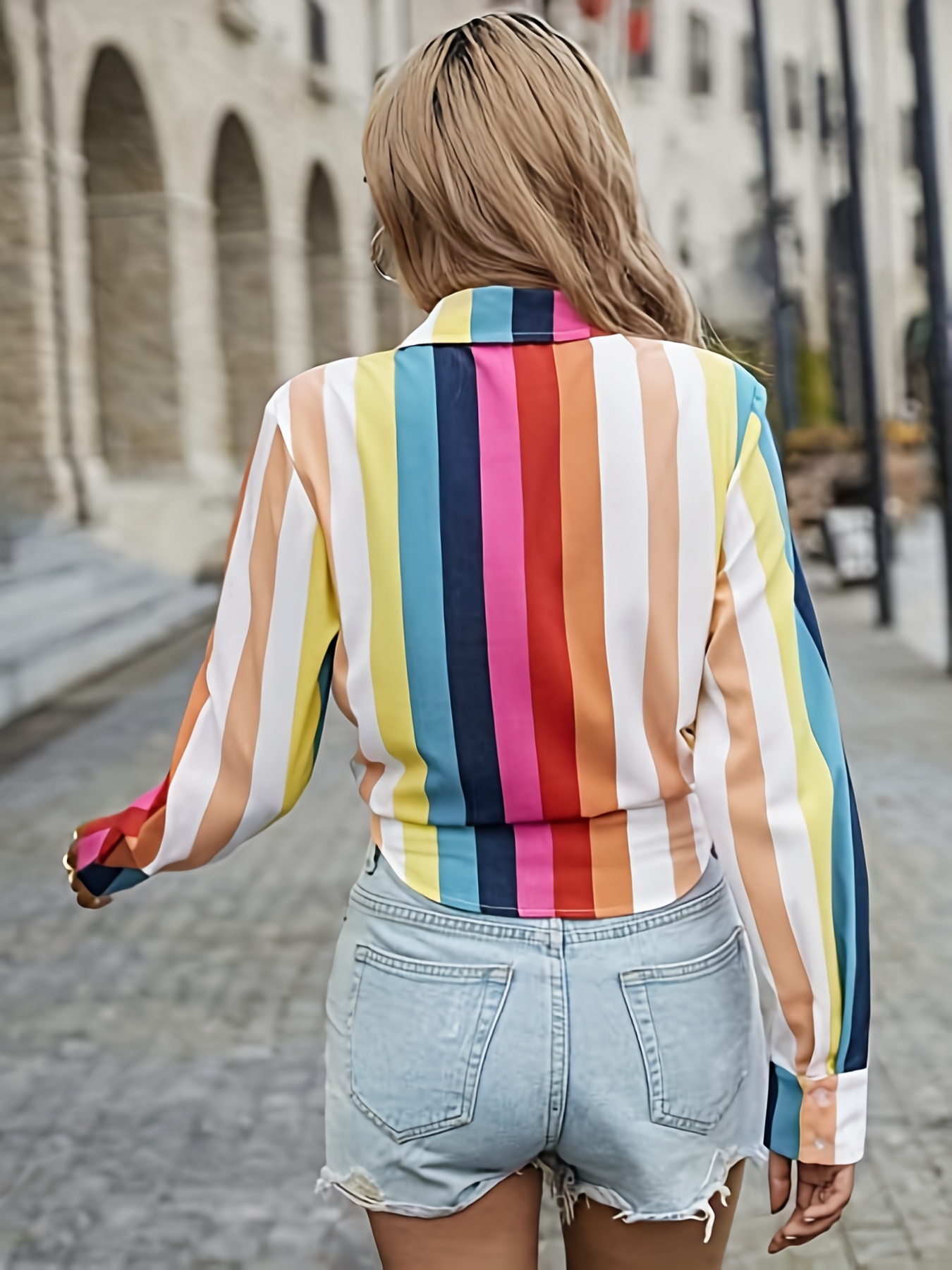 Colorful Striped Print Blouse Casual Long Sleeve Collar - Temu