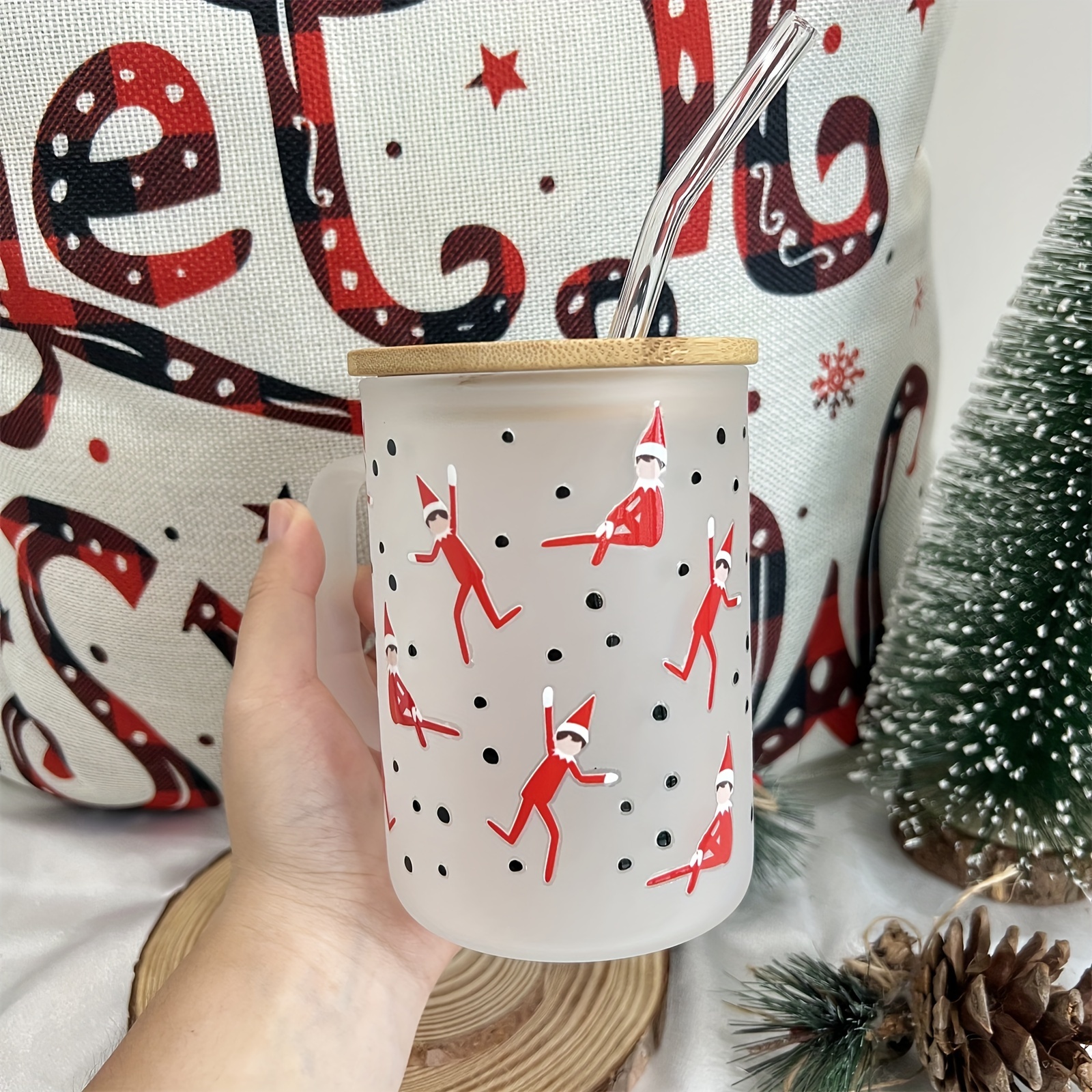 Christmas Pattern Frosted Glass Cup Single layer Straw - Temu