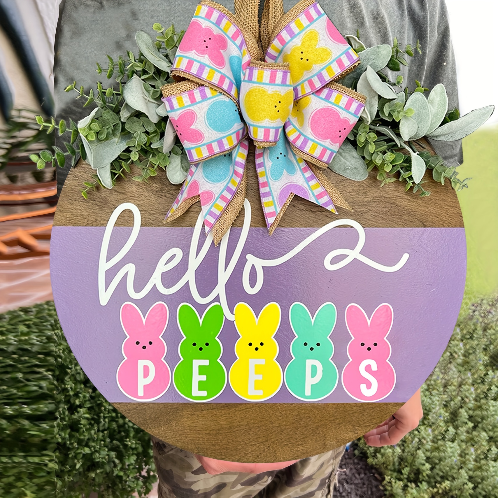 

1pc Farmhouse Style Easter Welcome Sign Wreath, Round Wooden Front Door Hanger, "hello " , Animal Theme Easter Decor, With No Power Needed For Home & Outdoor Use