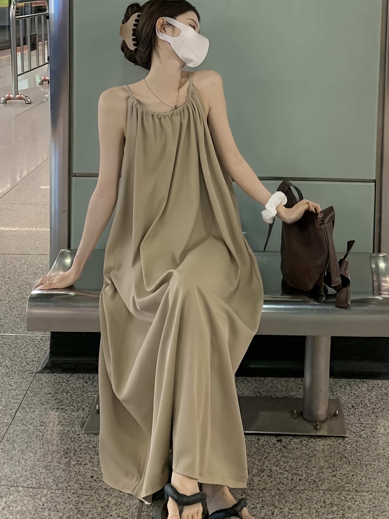 Split Hem Ruched Tank Dress Stylish Crew Neck Maxi Length - Temu