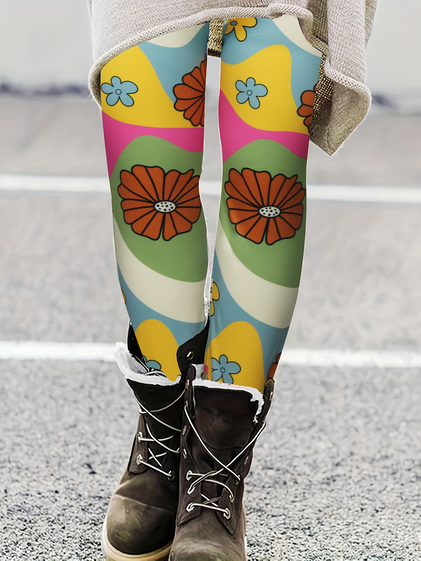 Plus Size Cute Leggings, Women's Plus Colorful Floral Print Elastic Waist  Medium Stretch Leggings