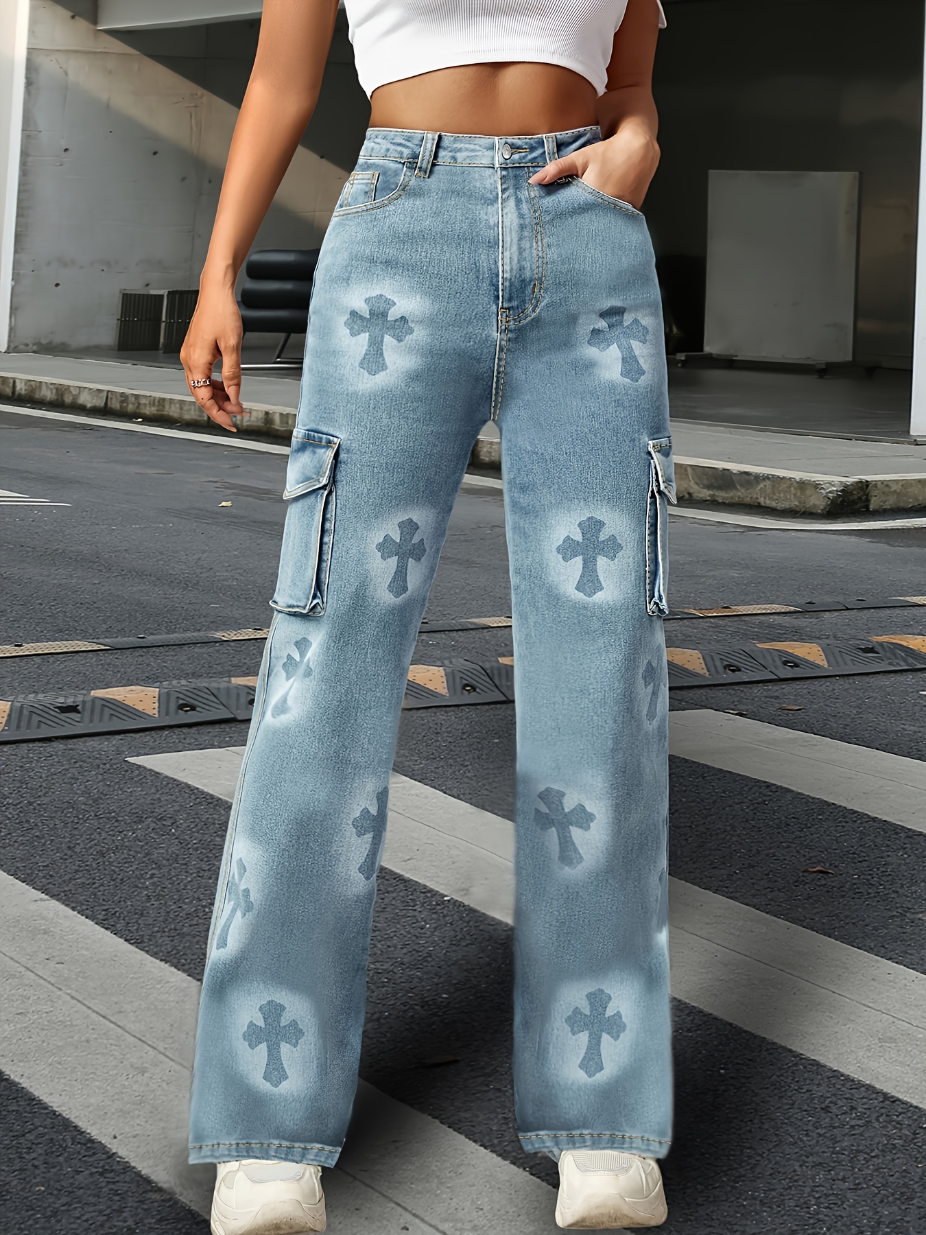 High Waist Washed Cargo Pants, Loose Fit Flap Pockets Y2K Style Straight  Jeans, Women's Denim Jeans & Clothing