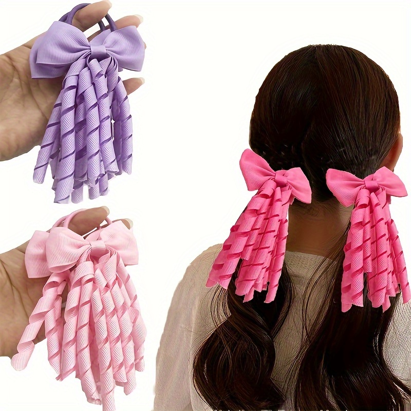 

2 Pcs Cheerleading Hair Tie With Curly Ribbons, Rainbow Wig Shape Hair Bows Hair Bands Ponytail Holders For Women