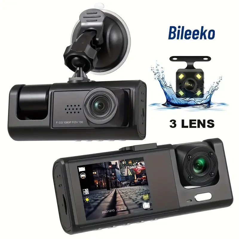 Car Dashcam DVR HD 3-Lens Inside Vehicle Dash Cam Camera Video Recorder