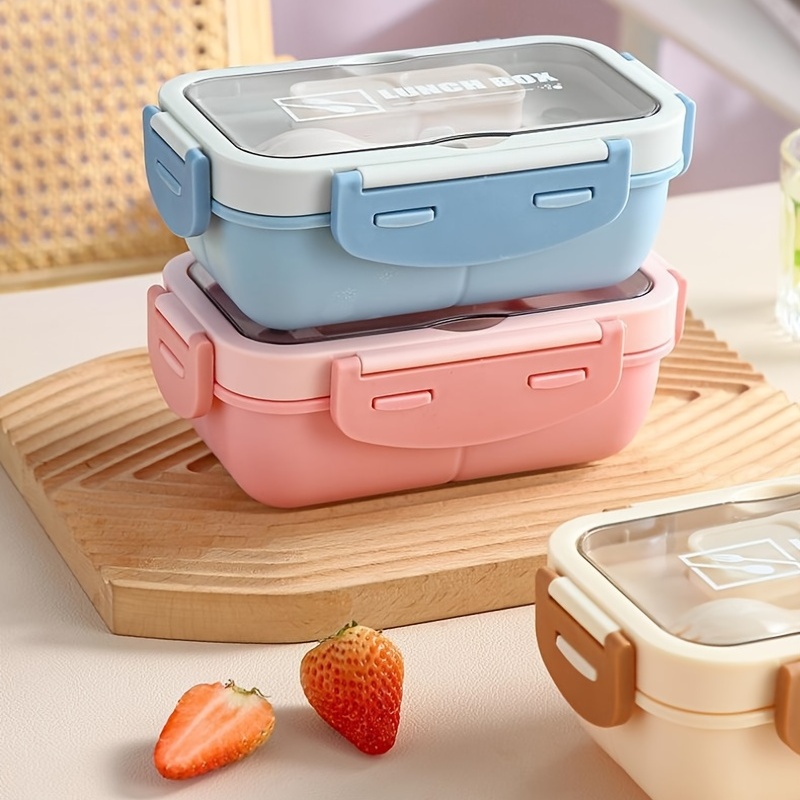 Large Capacity Lunch Box With Tableware and Grids Double Snap Rectangle Divided