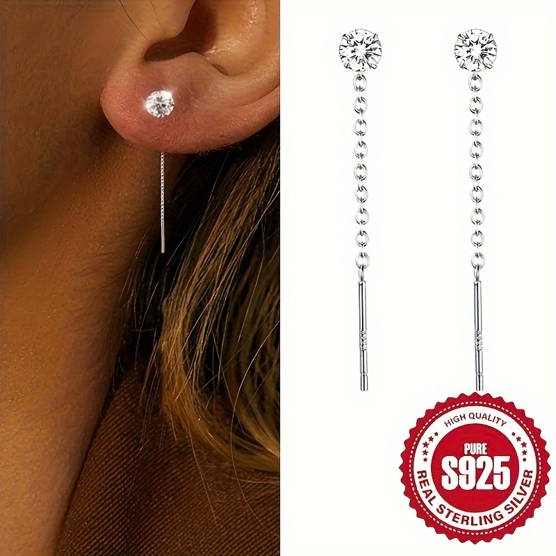 

Tiny Tassel Design Stud Earrings 925 Sterling Silver Hypoallergenic Jewelry Zircon Inlaid Simple Leisure Style For Women Daily Casual