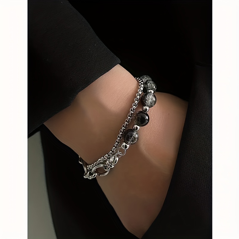 

1pc Men's And Women's Stainless Steel Double-layer Chain Cracked Zircon Beaded Stylish Cool Bracelet Party Holiday Decor