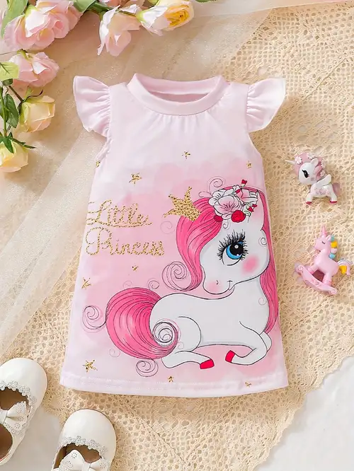Baby Girl's Cartoon Unicorn Letters Print Ruffle Trim Dress - Temu