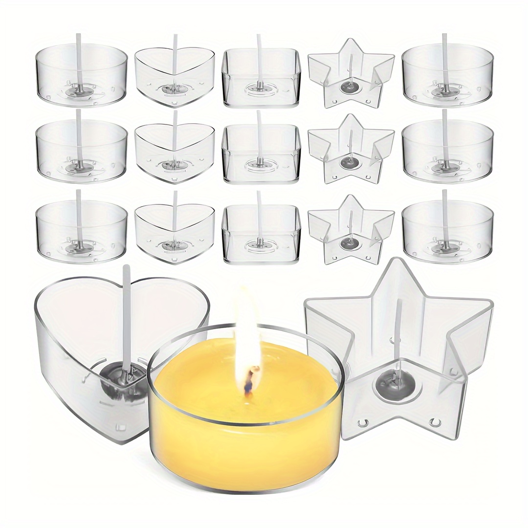 

1set (20pcs) Diy Candle Making Tools With 10pcs Candle Cups+10pcs Candle Wicks Plastic Clear Tea Light Candle Cup Holders Heart Square Round Shapes Tealight Cups With 26 Mm Candle Wicks