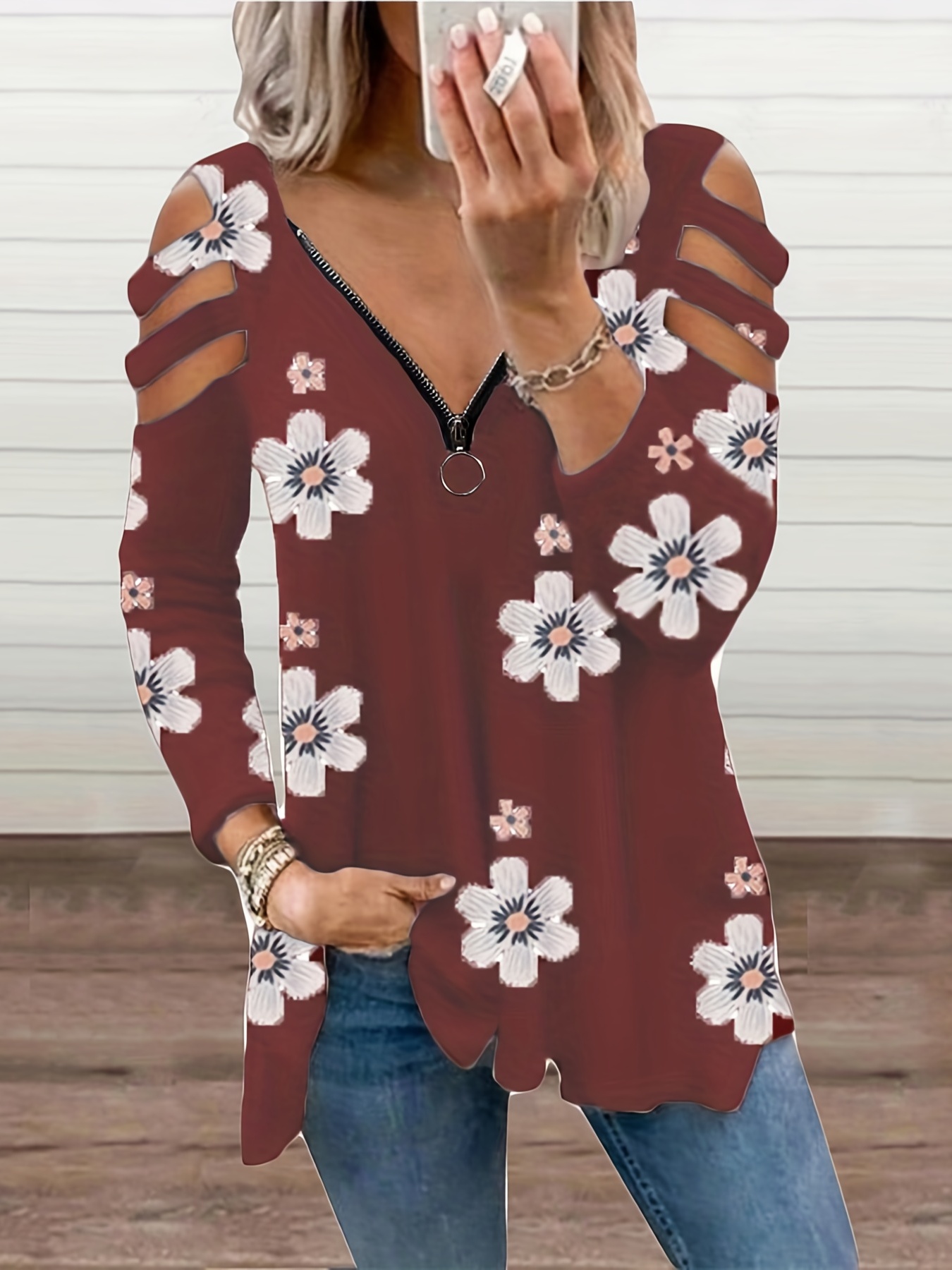 Floral Print V Neck Half Zip T shirt Casual Loose Long - Temu