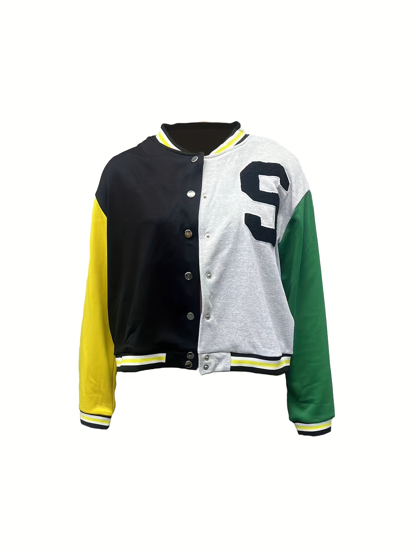 Letter Pattern Varsity Jacket, Streetwear Button Front Long Sleeve Jacket,  Women's Clothing