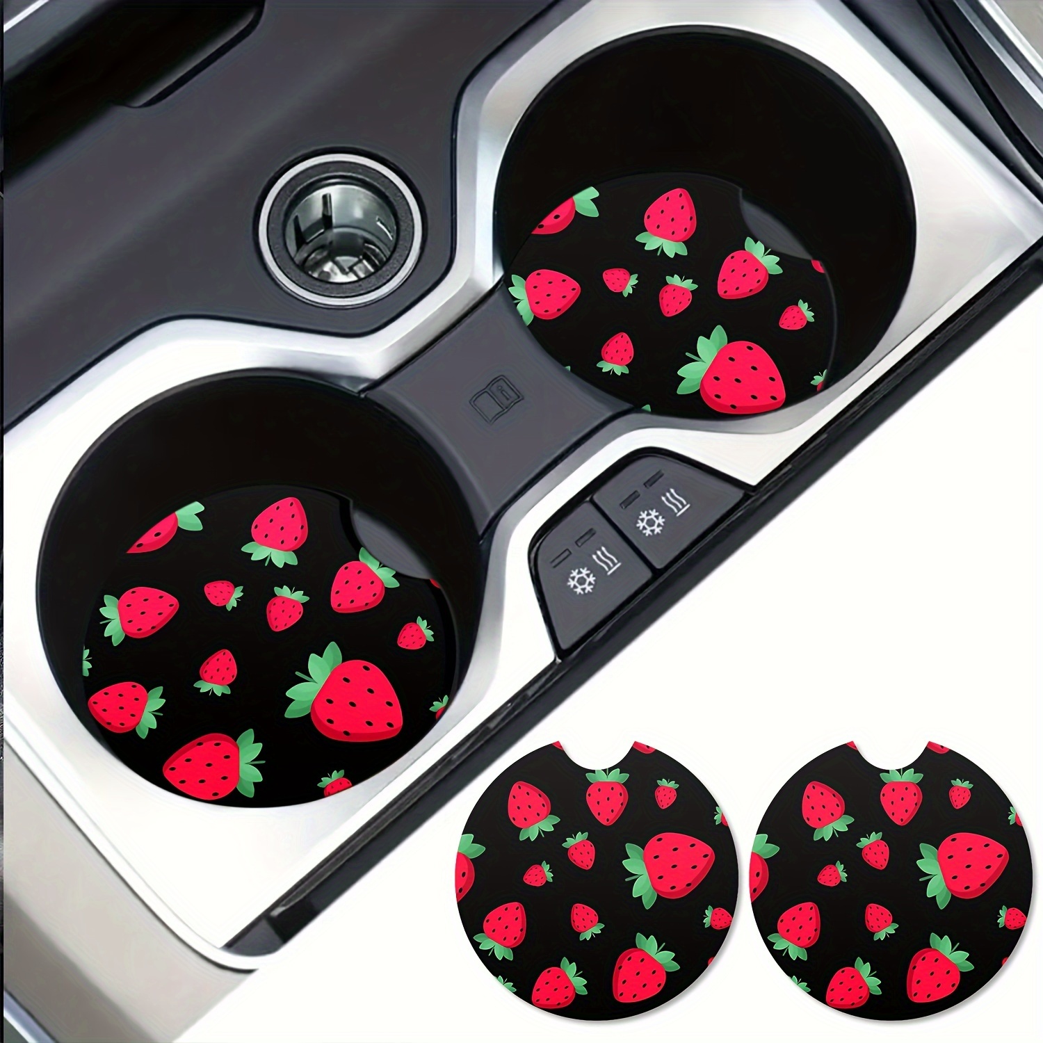 

2pcs Strawberry Pattern Rubber Non-slip Car Cup Holder Coasters, Cute Car Accessories For Women Cup Coasters For Most Car