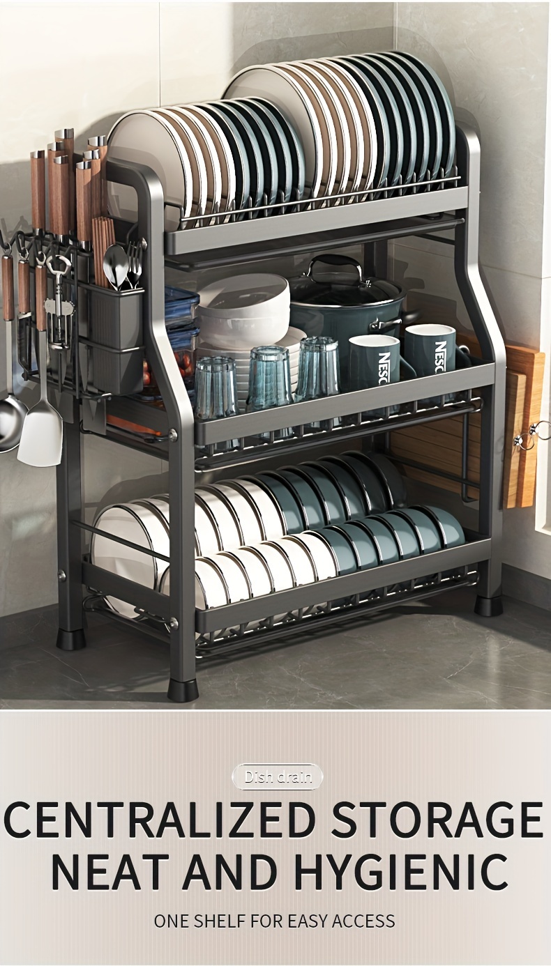 Kitchen Dish Drying Rack For Countertop, 2/3-tier Multifunctional Rustproof Dish  Drainer With Cutting Board Rack And Utensil Holder, Easy Installation,  Large Capacity Dishrack, Grey - Temu