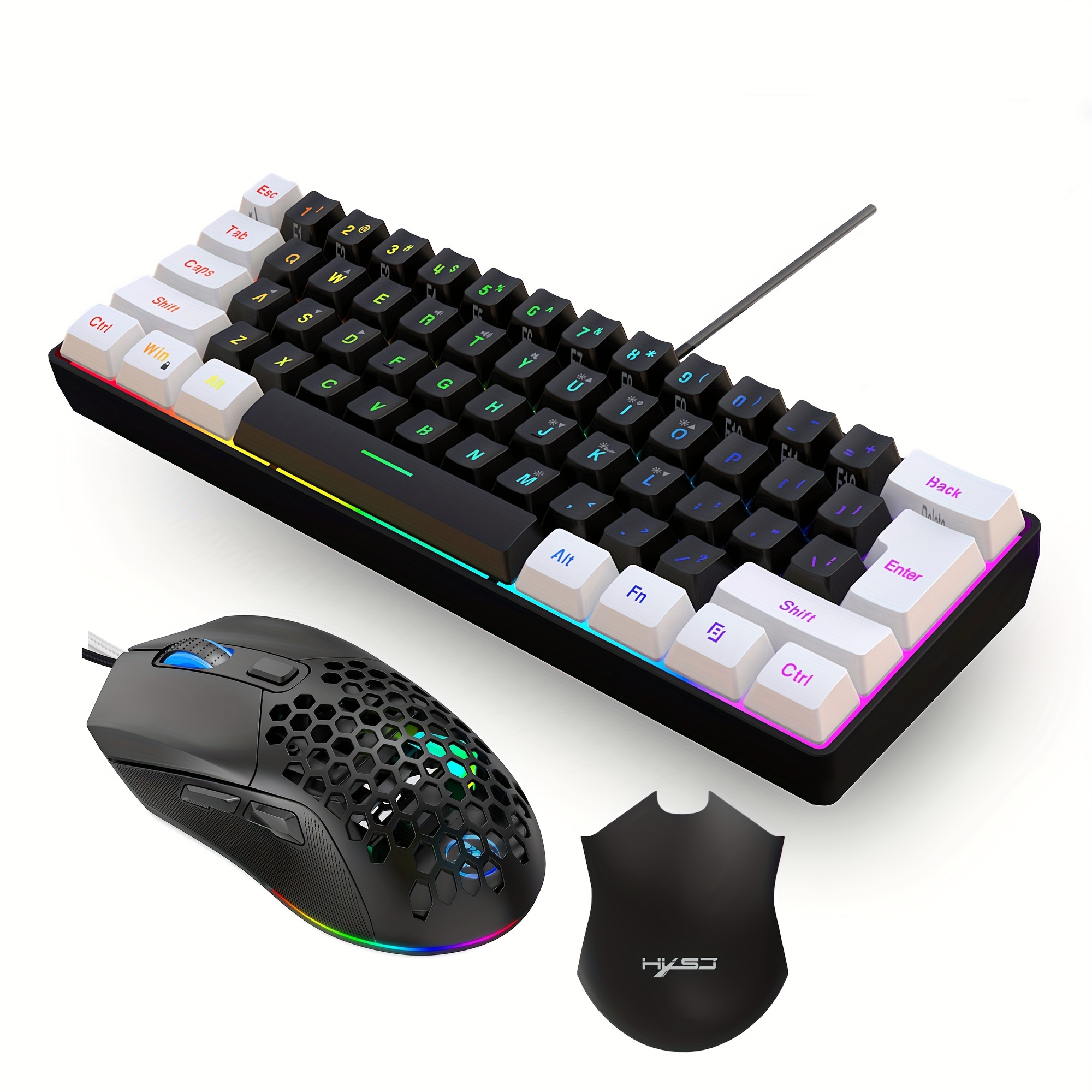 HXSJ- ホワイトとブラック 60% コンパクト RGB キーボードとセルラーゲーミングマウス、コンパクト 61 キーミニ有線キーボード RGB  バックライト付き 1200-7200 DPI マウス交換可能なバックカバー、PS4/Xbox/PC/ラップトップ/* 用キーボードとマウスゲーミング