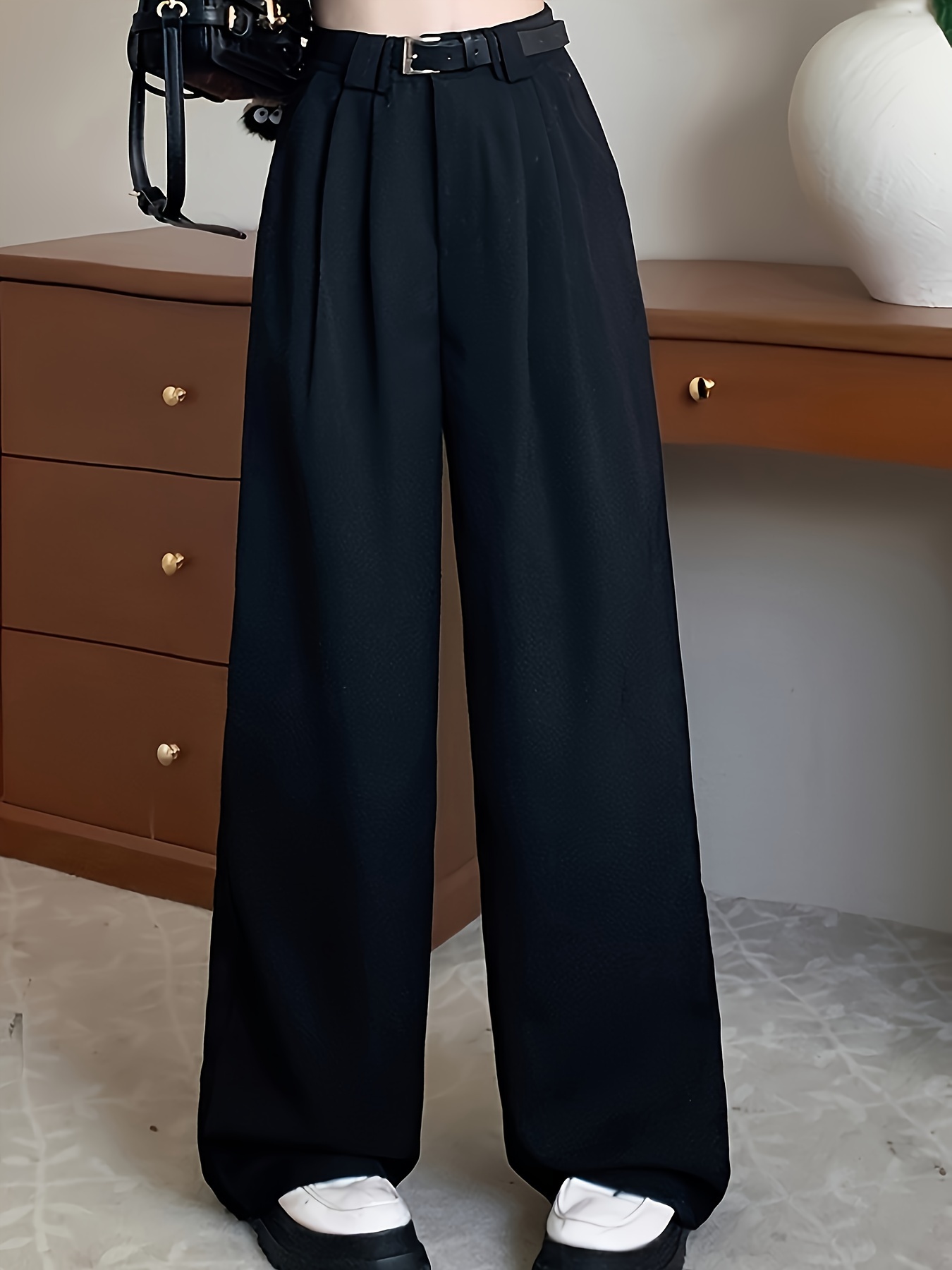 Solid High Waist Wide Leg Pants, Casual Loose Pants For Spring & Fall,  Women's Clothing